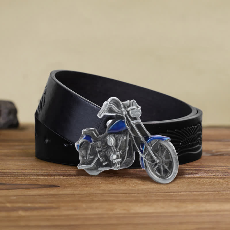 Cintura in pelle con fibbia da motocicletta fai da te da uomo - Blu - Cintura aquila nera in rilievo (38) - image 12