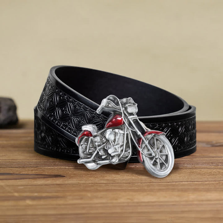 Cintura in pelle con fibbia da motocicletta fai da te da uomo - Rosso - Cintura in tessuto goffrato nero (38) - image 5