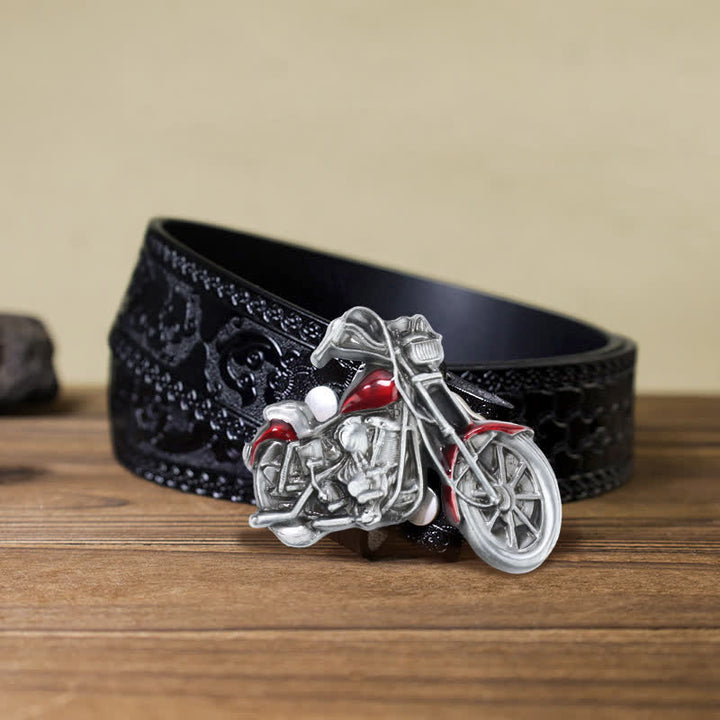 Cintura in pelle con fibbia da motocicletta fai da te da uomo - Rosso - Cintura nera intagliata (40) - image 6