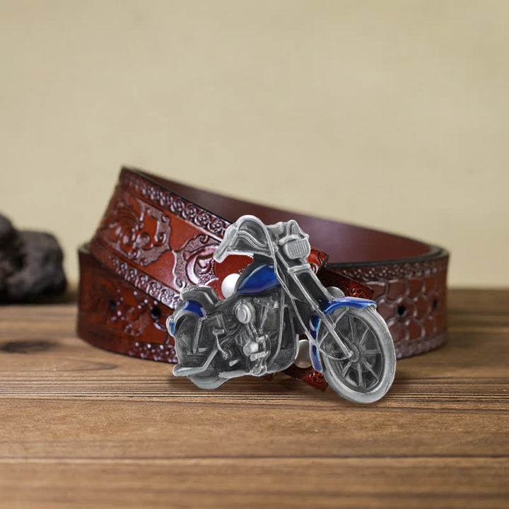 Cintura in pelle con fibbia da motocicletta fai da te da uomo - Blu - Cintura marrone intagliata (40) - image 15