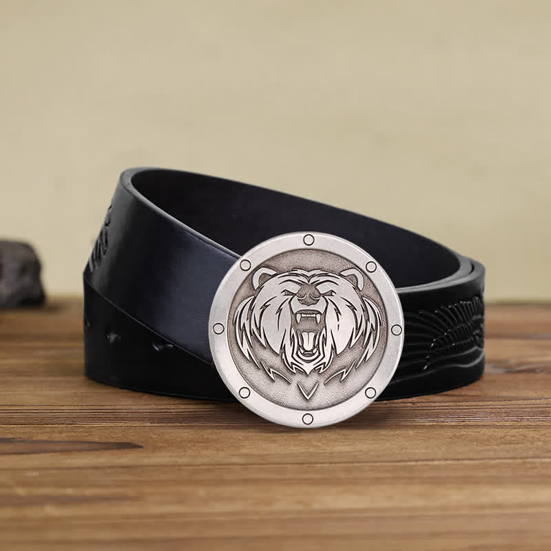 Cintura in pelle con fibbia a forma di testa di tigre punk rotonda fai da te da uomo