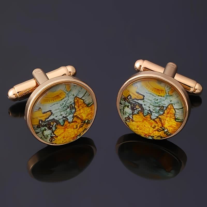 Gemelli da camicia con motivo mappa del mondo da uomo - Oro - image 0