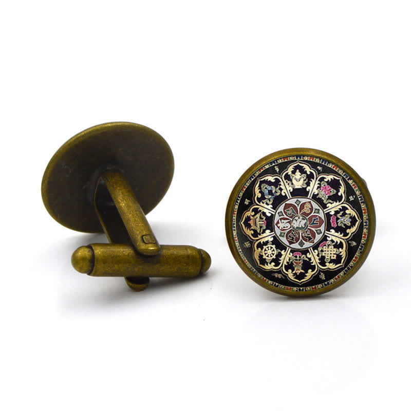 Gemelli da uomo con cupola in vetro e fiore mandala nero - Bronzo antico - image 5