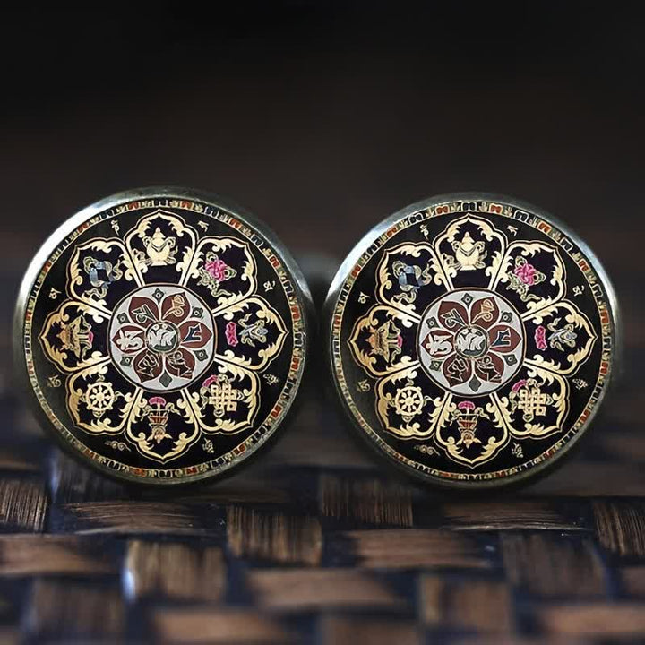 Gemelli da uomo con cupola in vetro e fiore mandala nero - image 0
