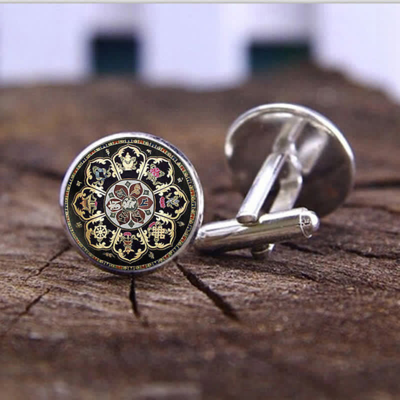 Gemelli da uomo con cupola in vetro e fiore mandala nero - Argento - image 1