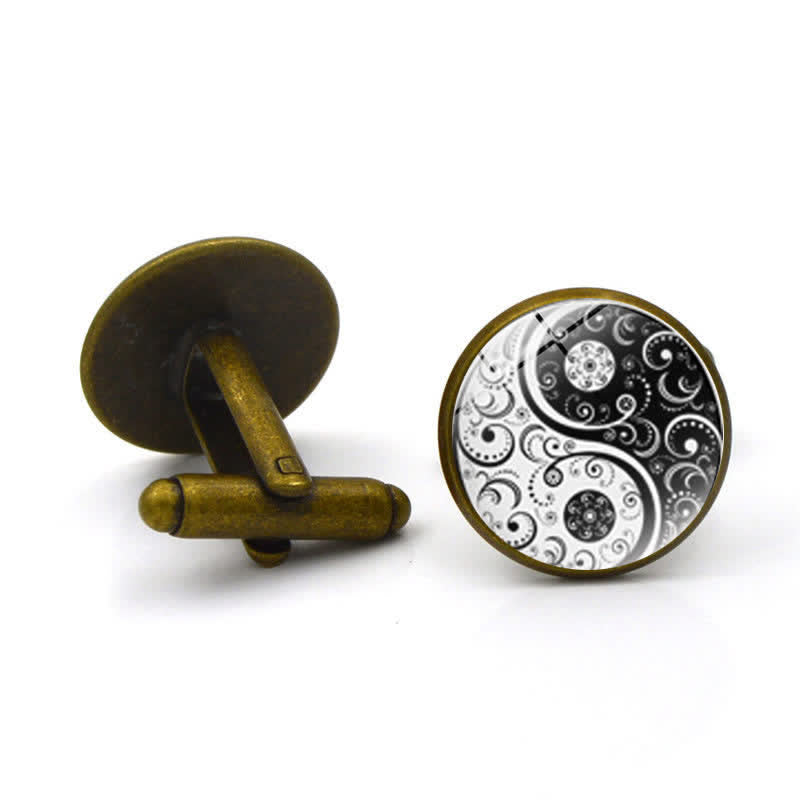 Gemelli da uomo in vetro con cupola Yin Yang in bianco e nero - Bronzo antico - image 7