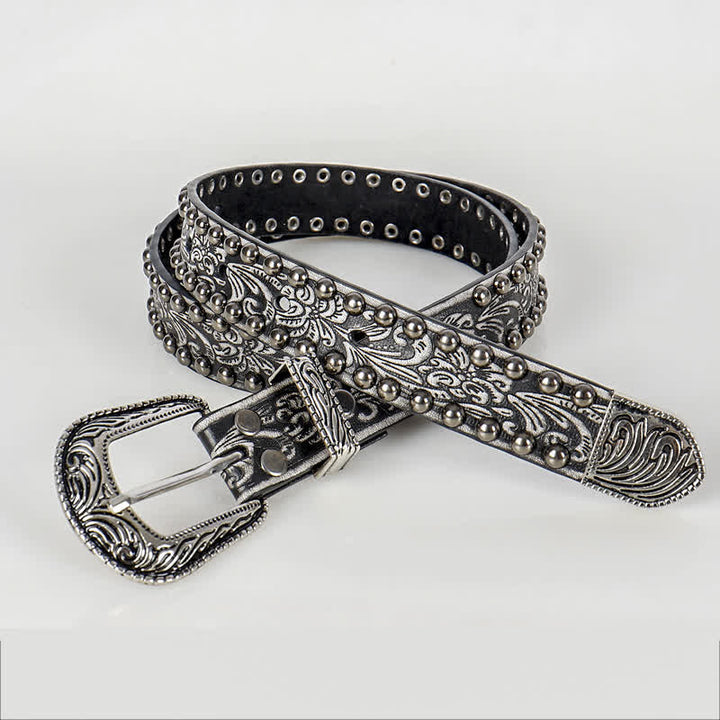 Cintura in pelle con borchie floreali incise punk da donna
