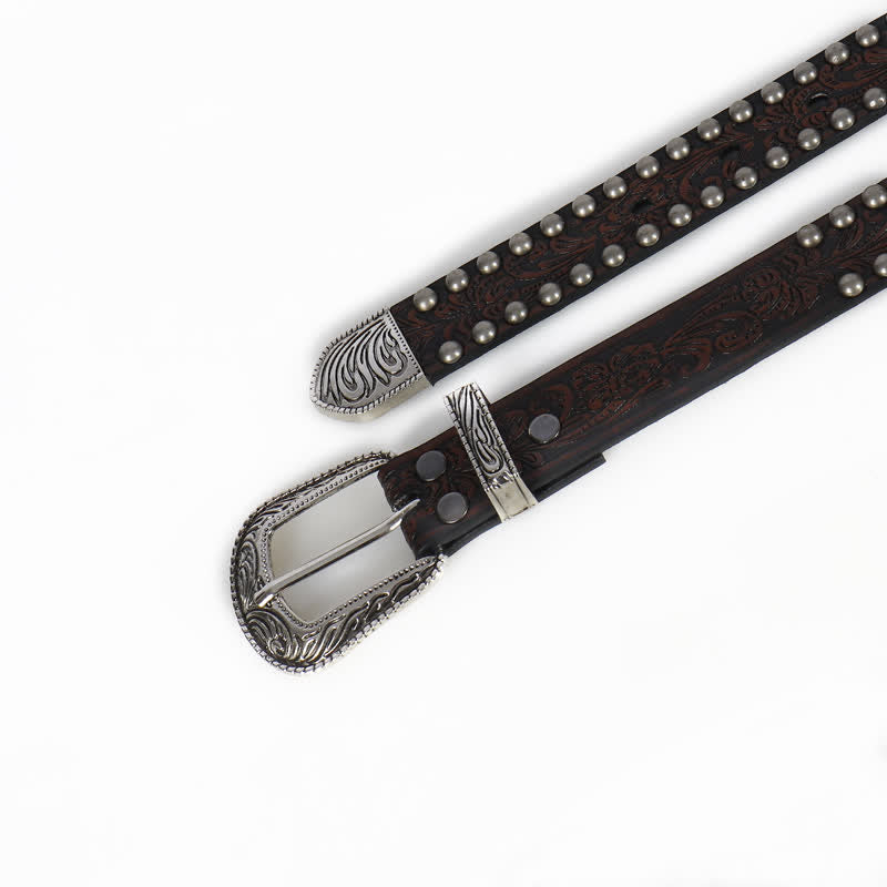 Cintura in pelle con borchie floreali incise punk da donna