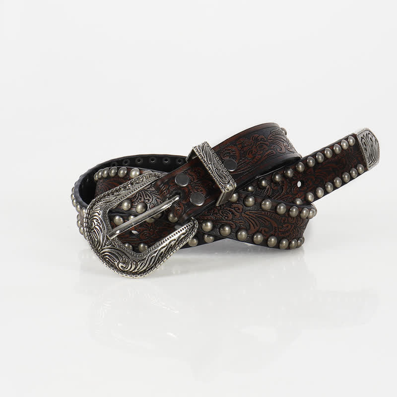 Cintura in pelle con borchie floreali incise punk da donna