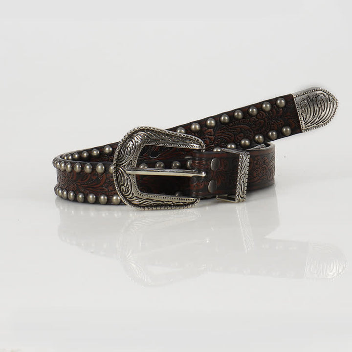 Cintura in pelle con borchie floreali incise punk da donna