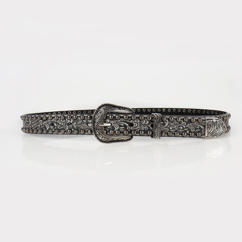 Cintura in pelle con borchie floreali incise punk da donna