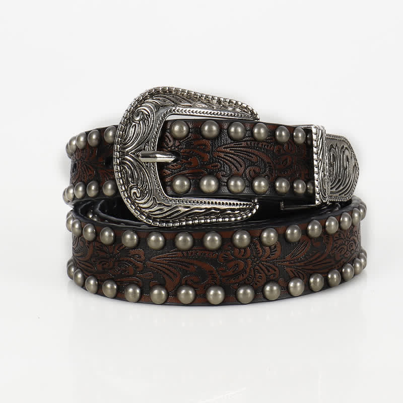Cintura in pelle con borchie floreali incise punk da donna