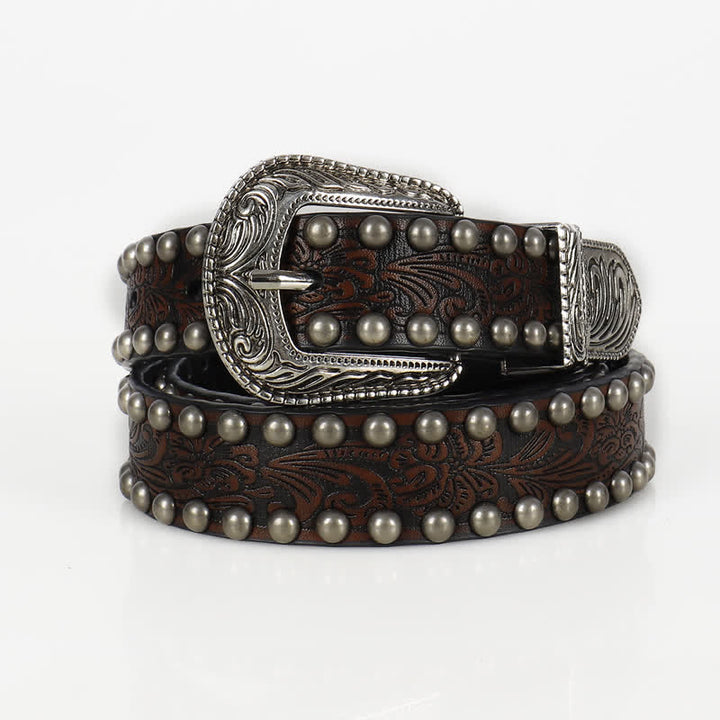 Cintura in pelle con borchie floreali incise punk da donna