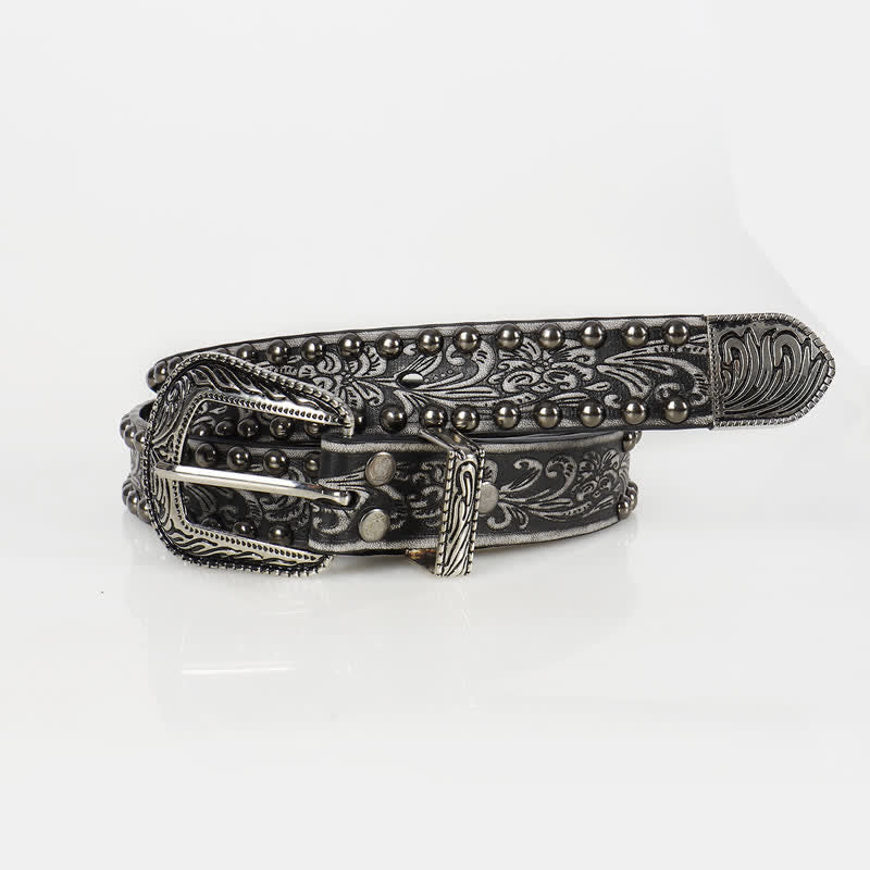 Cintura in pelle con borchie floreali incise punk da donna