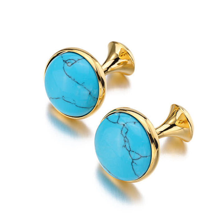 Gemelli da uomo con pietra preziosa turchese blu rotonda - Oro - image 0