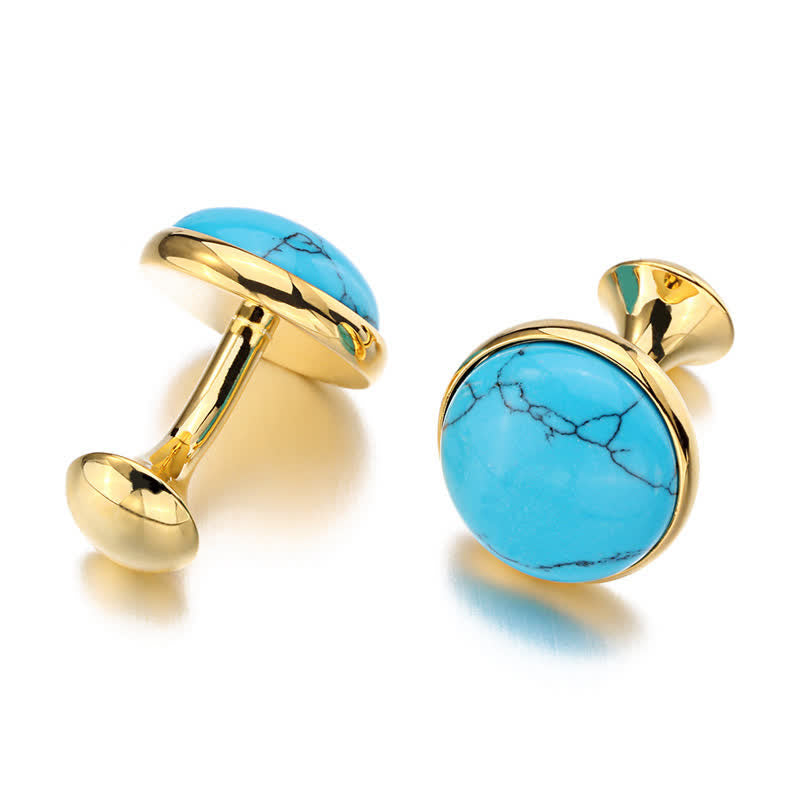 Gemelli da uomo con pietra preziosa turchese blu rotonda - image 1