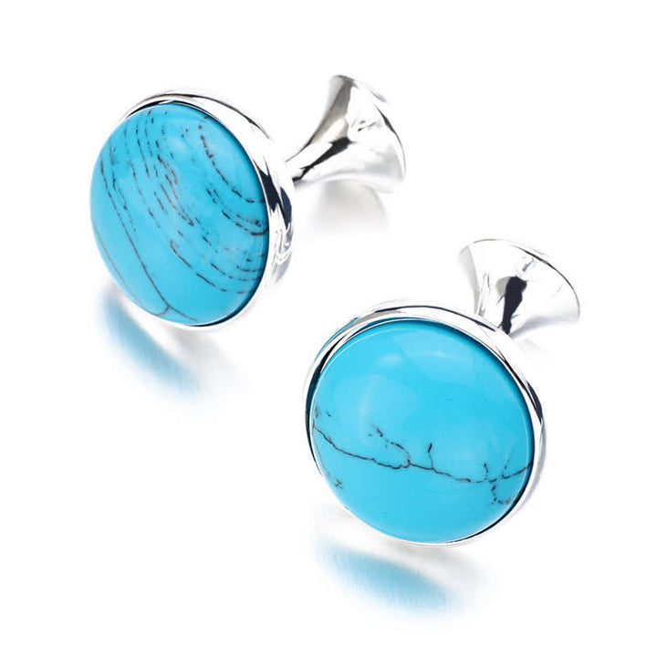 Gemelli da uomo con pietra preziosa turchese blu rotonda - Argento - image 3