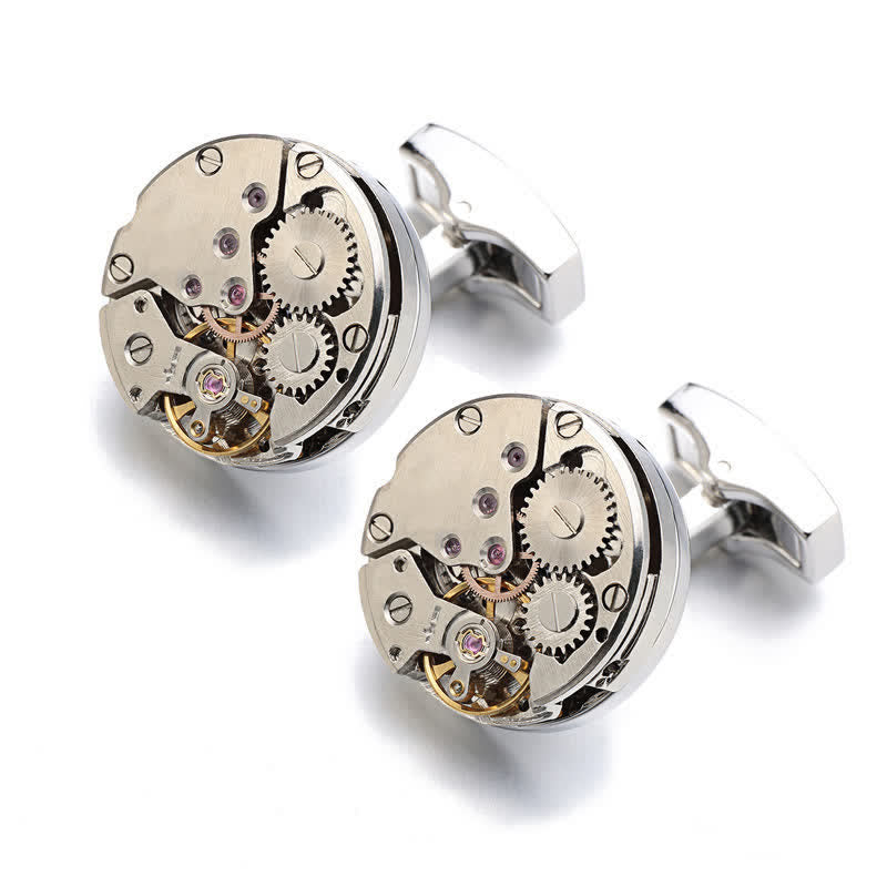 Gemelli da polso Steampunk con movimento dell'orologio da uomo - Argento - image 0