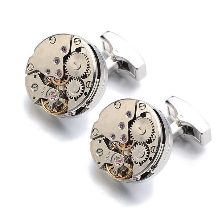 Gemelli da polso Steampunk con movimento dell'orologio da uomo - Argento - image 0