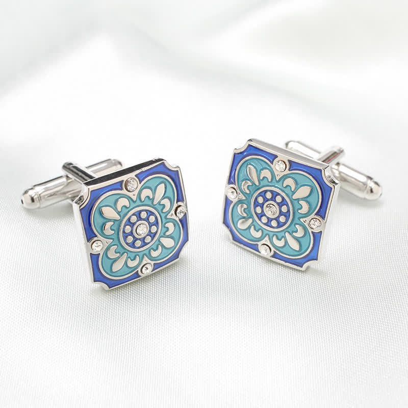 Gemelli da uomo quadrati retrò con fiore smaltato blu