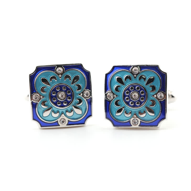 Gemelli da uomo quadrati retrò con fiore smaltato blu - image 2