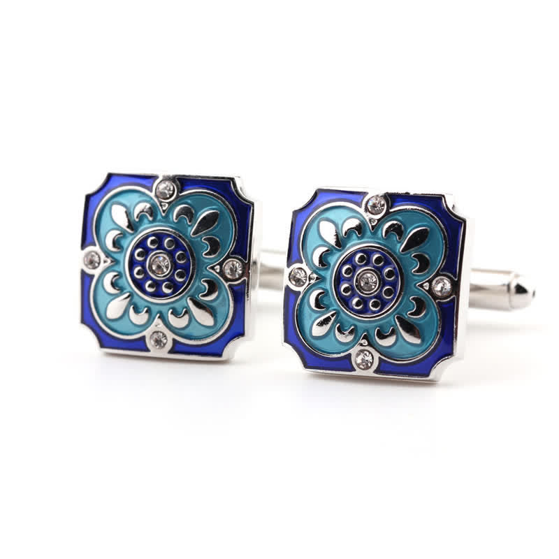 Gemelli da uomo quadrati retrò con fiore smaltato blu