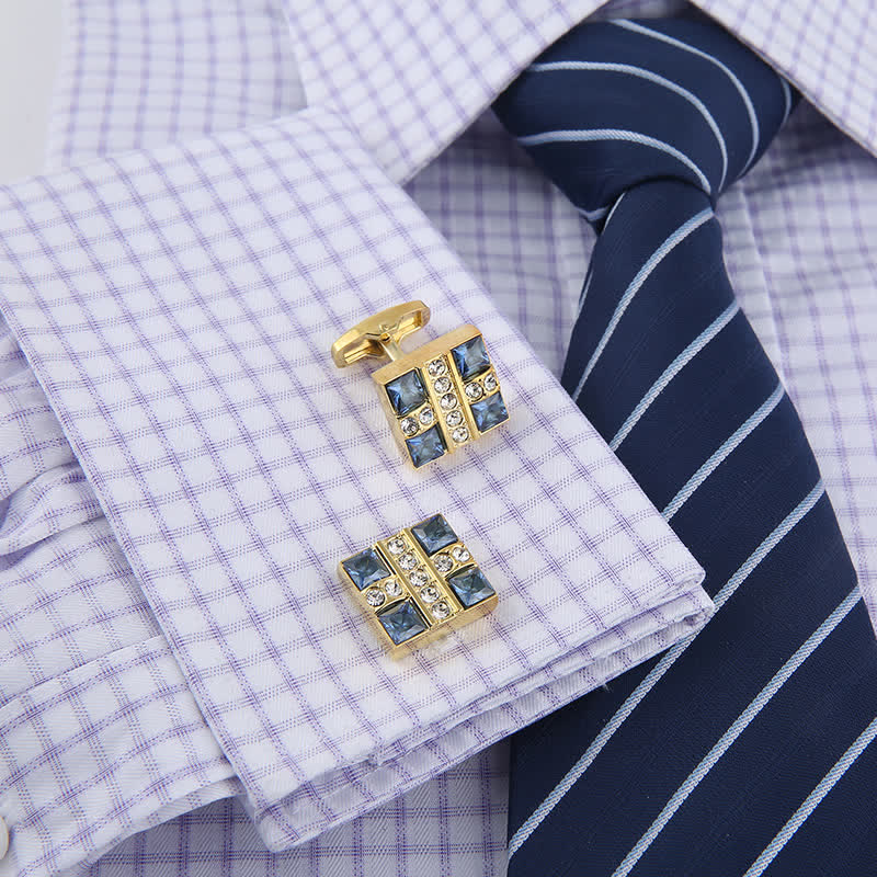 Gemelli da uomo in oro con strass di cristallo blu - image 3