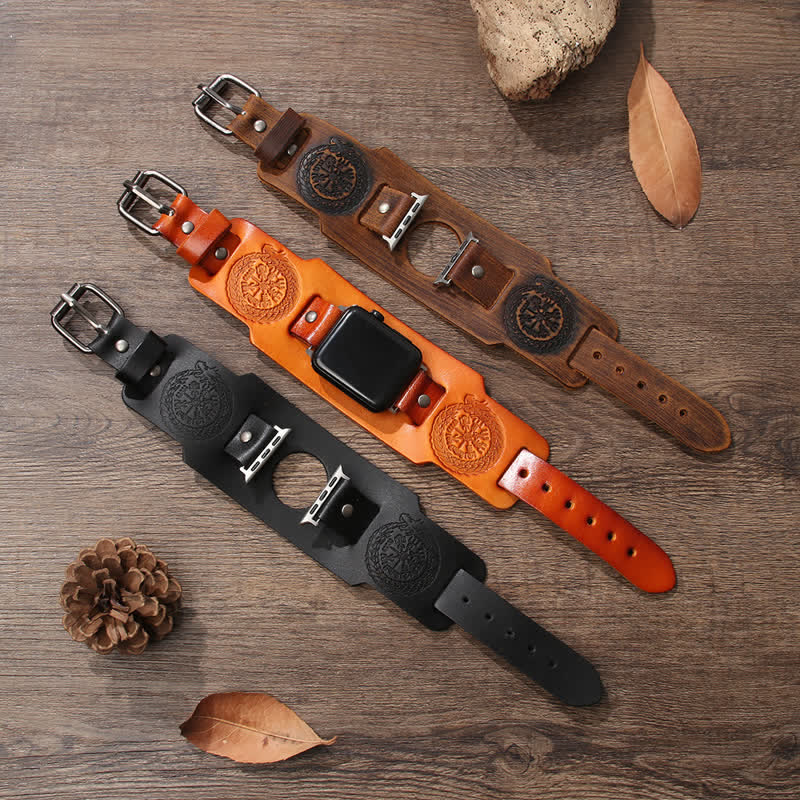 Cinturino per orologio in pelle con bussola vichinga e drago totem - image 0