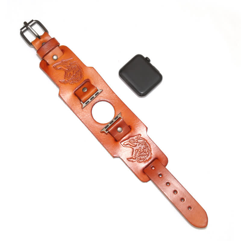 Braccialetto in pelle con lupo in rilievo punk - Arancia - Dimensioni quadrante orologio 42mm/44mm - image 2