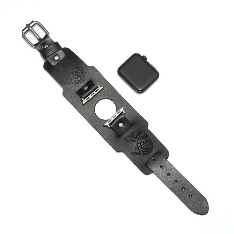 Braccialetto in pelle con lupo in rilievo punk - Nero - Dimensioni quadrante orologio 42mm/44mm - image 10