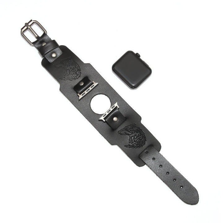 Braccialetto in pelle con lupo in rilievo punk - Nero - Dimensioni quadrante orologio 42mm/44mm - image 10