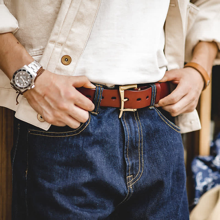 Cintura in pelle con fibbia in ottone di lusso da uomo