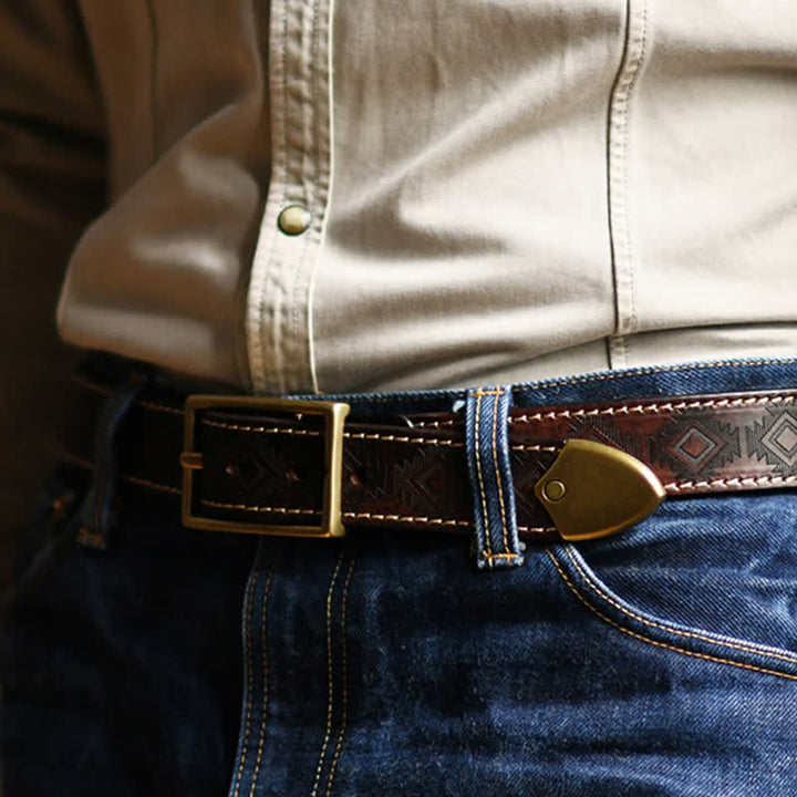Cintura in pelle con motivo geometrico western da uomo