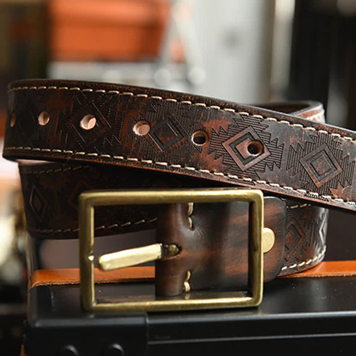 Cintura in pelle con motivo geometrico western da uomo