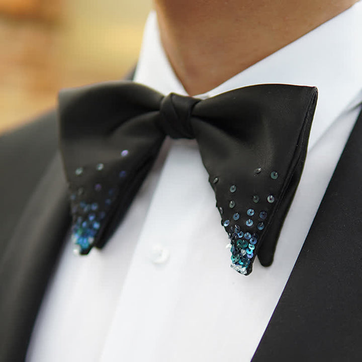 Papillon oversize a punta con paillettes blu sfumato da uomo