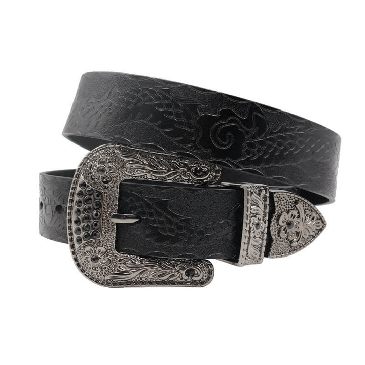 Cintura da uomo in pelle con fibbia floreale e drago in rilievo - Nero - 44 - image 14