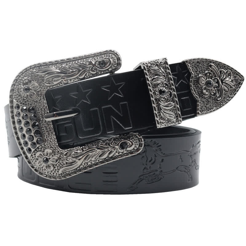 Cintura in pelle con fibbia intagliata modello cowboy da uomo