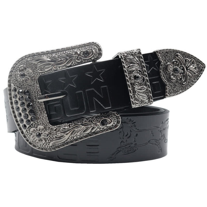 Cintura in pelle con fibbia intagliata modello cowboy da uomo
