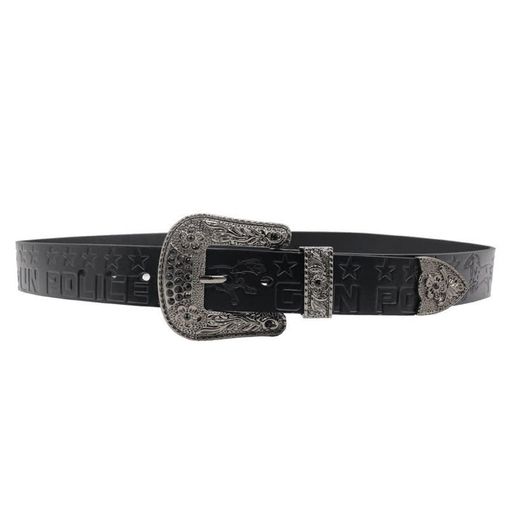 Cintura in pelle con fibbia intagliata modello cowboy da uomo