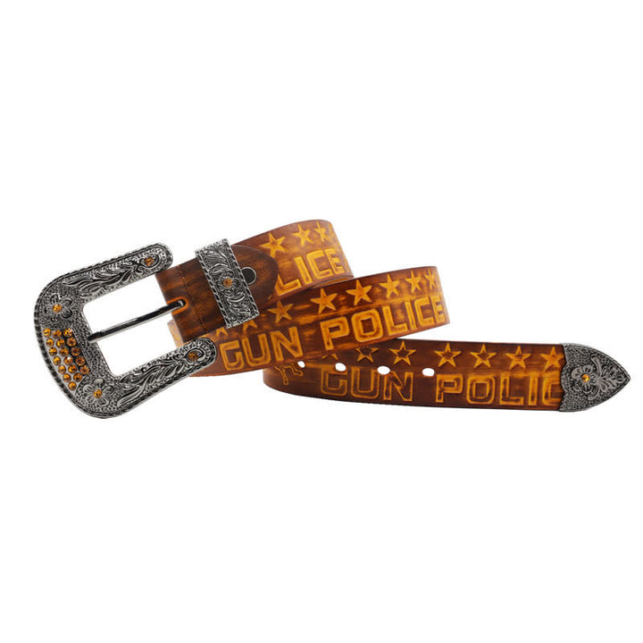 Cintura in pelle con fibbia intagliata modello cowboy da uomo