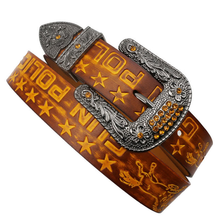 Cintura in pelle con fibbia intagliata modello cowboy da uomo