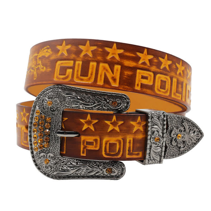 Cintura in pelle con fibbia intagliata modello cowboy da uomo