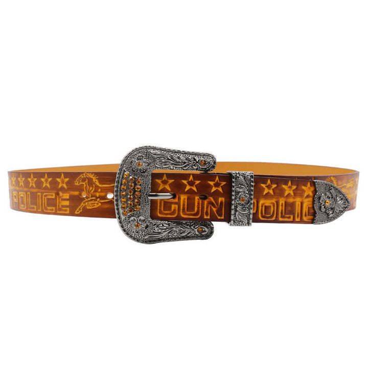 Cintura in pelle con fibbia intagliata modello cowboy da uomo