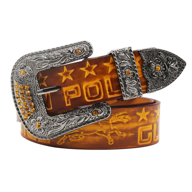 Cintura in pelle con fibbia intagliata modello cowboy da uomo - Giallo - 44 - image 0