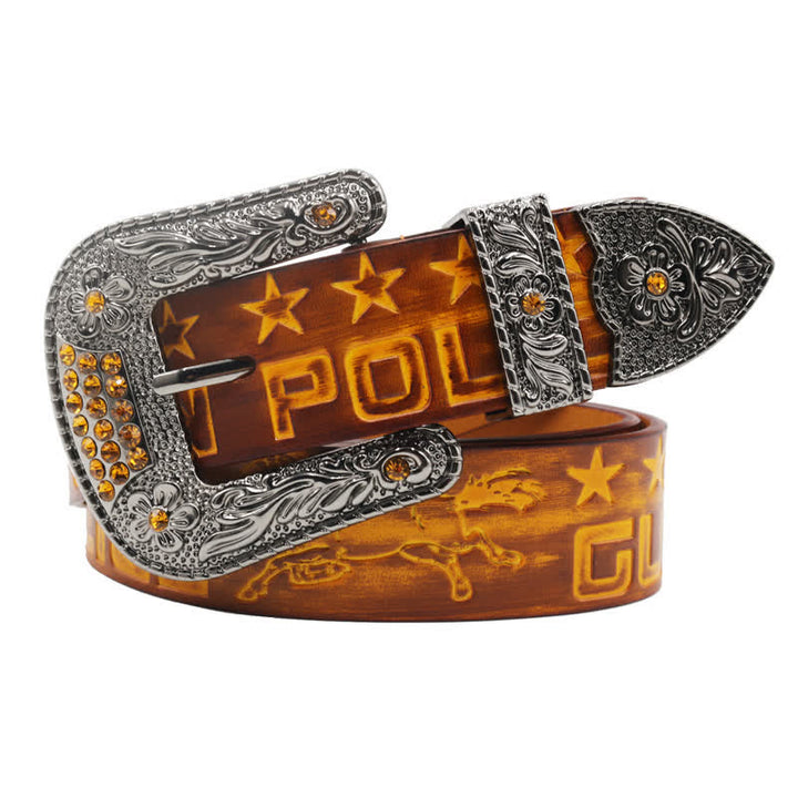 Cintura in pelle con fibbia intagliata modello cowboy da uomo - Giallo - 44 - image 0