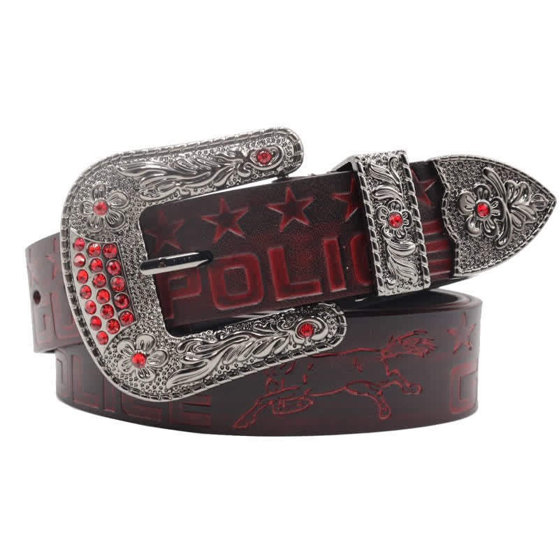 Cintura in pelle con fibbia intagliata modello cowboy da uomo