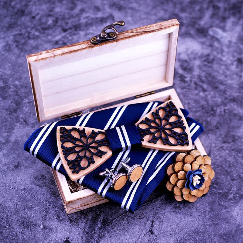 Set di 4 papillon in legno con accessori patchwork da uomo
