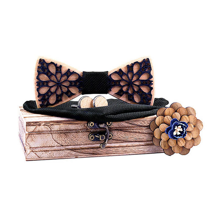 Set di 4 papillon in legno con accessori patchwork da uomo