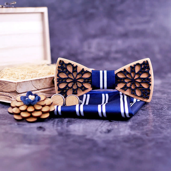 Set di 4 papillon in legno con accessori patchwork da uomo