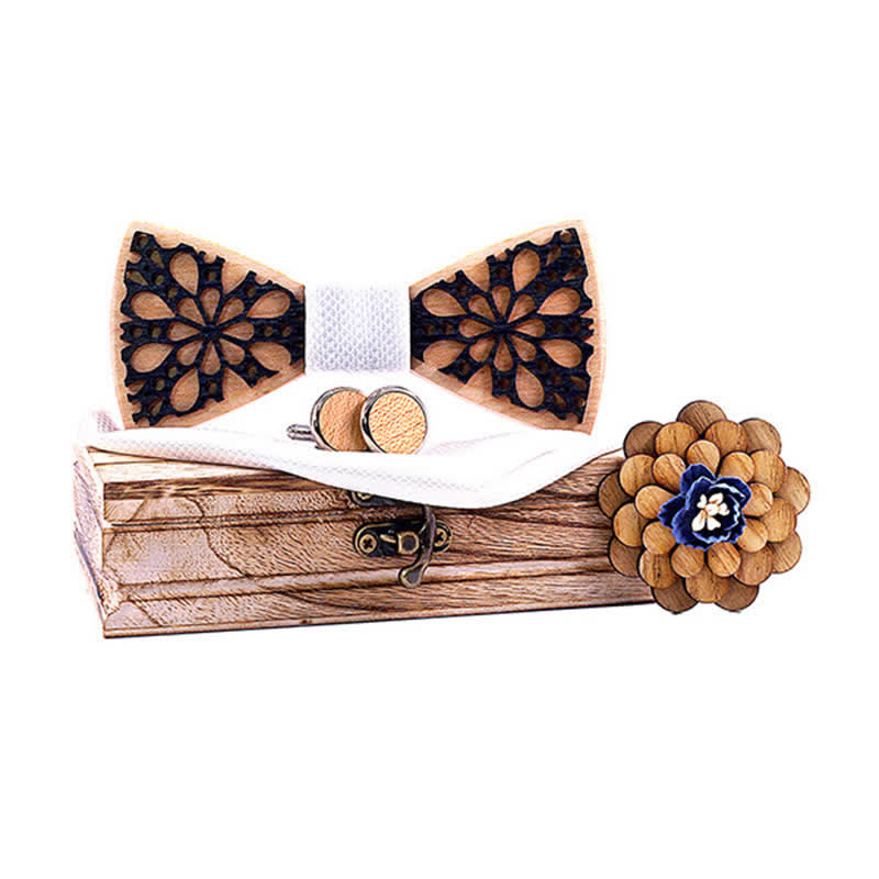 Set di 4 papillon in legno con accessori patchwork da uomo